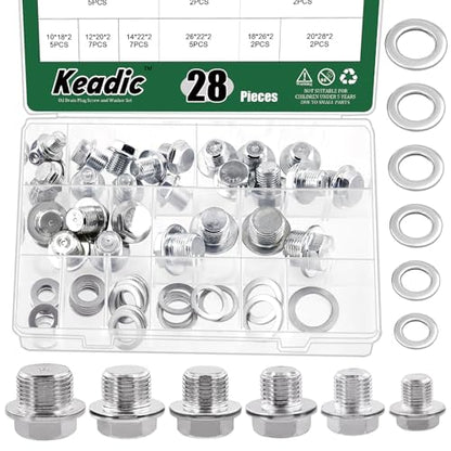 Keadic 28Pcs Oil Drain Plugs with Aluminum Washer Gasket, Oil Drain Plug Assortment Kit, 6 Sizes Oil Drain Plug Gasket Oil Pan Drain Nut Kit for Most Cars