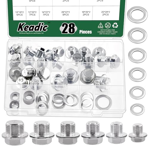 Keadic 28Pcs Oil Drain Plugs with Aluminum Washer Gasket, Oil Drain Plug Assortment Kit, 6 Sizes Oil Drain Plug Gasket Oil Pan Drain Nut Kit for Most Cars