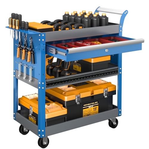 3 Tier Rolling Tool Cart on Wheels,Mechanic Tool Cart with Lockable Drawers,440 LBS Load Capacity Tool Storage Cart with Pegboard and Hook,Industrial Utility Cart,for Garage, Workshop and Warehouse