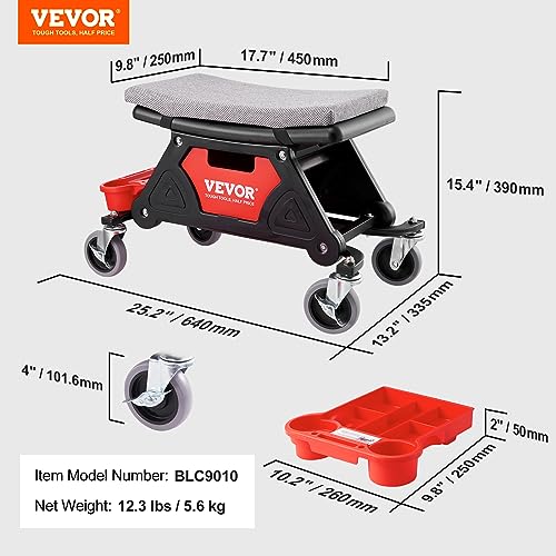 VEVOR Mechanic Stool 300 LBS Capacity Garage Stool Gift for Men, Heavy Duty Rolling Mechanics Seat, with Three Slide Out Tool Trays and Drawer, Tools for Automotive Auto Repair | Auto Repair Heavy Duty Plastic Rolling Mechanics Seat with Cushion, Three Sl