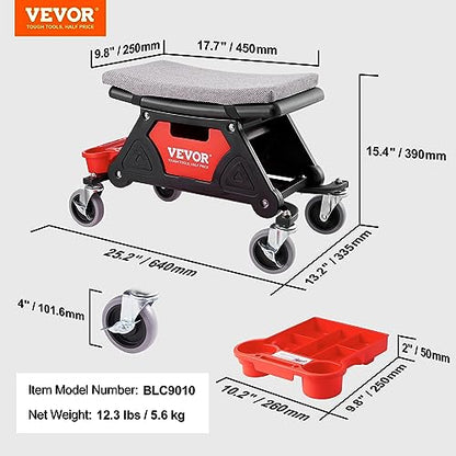 VEVOR Mechanic Stool 300 LBS Capacity Garage Stool Gift for Men, Heavy Duty Rolling Mechanics Seat, with Three Slide Out Tool Trays and Drawer, Tools for Automotive Auto Repair | Auto Repair Heavy Duty Plastic Rolling Mechanics Seat with Cushion, Three Sl