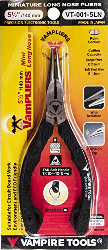 VAMPLIERS 5.5" Mini Precision Long Nose Pliers, ESD Safe, Made in Japan | Needle Tip, Serrated Jaws, Wire Cutter, High Carbon Steel, Thermoplastic Elastomer Handles, For PCB/SMD, PC Electronic Repair - style: 5.5" Long Nose Pliers