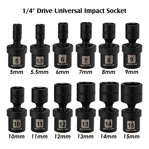 MIXPOWER 12 Pieces 1/4" Drive Metric Shallow Universal Impact Socket Set, CR-MO, Swivel Socket with Flexible Wobble, 5mm - 15mm - size: 12 Pcs Metric 1/4" Dr. (Shallow)