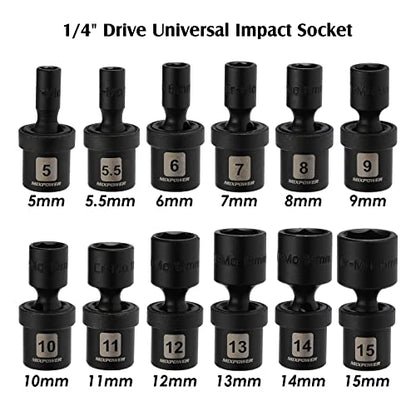 MIXPOWER 12 Pieces 1/4" Drive Metric Shallow Universal Impact Socket Set, CR-MO, Swivel Socket with Flexible Wobble, 5mm - 15mm - size: 12 Pcs Metric 1/4" Dr. (Shallow)