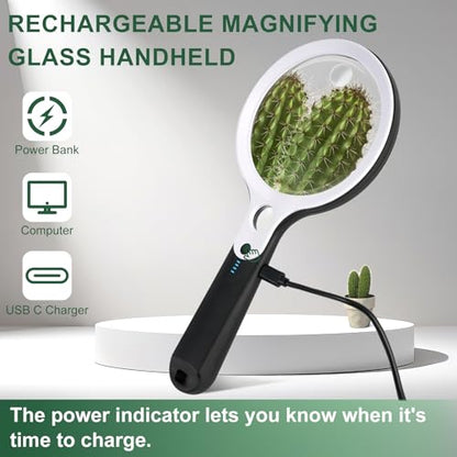 Magnifying Glass with 48 LED Light, 10X 20X 45X Handheld Illuminated Lighted Magnifier with 5 Light Modes Rechargeable Magnifying Glass for Seniors Reading Inspection (White & Black) - color: Black Handle