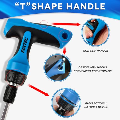 FIXTEC 47-Piece Ratcheting Screwdriver Sets and Ratchet Wrench, Magnetic T-Handle Home Repair Kit with Plastic Toolbox Storage Case