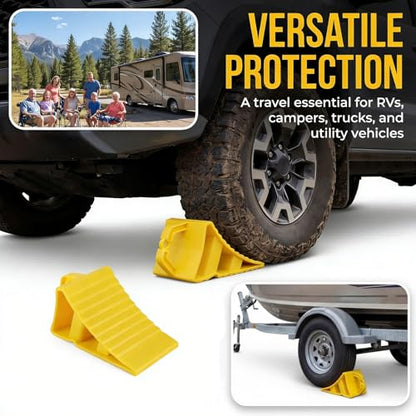 Covzoe 4 Pack Wheel Chocks for RV Trailer, Heavy Duty Wheel Stopper with Handle Easy Removal, Non Slip Tire Choke for Cars Campers Trucks RVs, Yellow