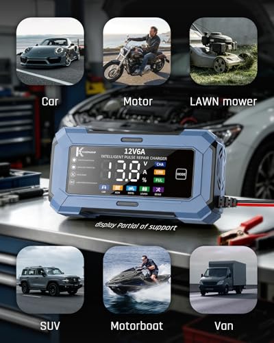 Car Battery Charger Battery maintainer for Automatic trickle Charger with Pulse Repair & Digital Display trickle Charger for car Battery 12v 6A Compatible with CAR AGM Moto LiFePO4 Batteries - color: Gray-blue