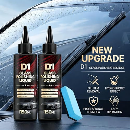 Glass Polishing Liquid with Sponges D1-2026 New No White Residue Formula | Complete Kit with Precision Applicators | Removes Hard Water Stains, Oil Film & Wiper Marks Safely (1 PCS)