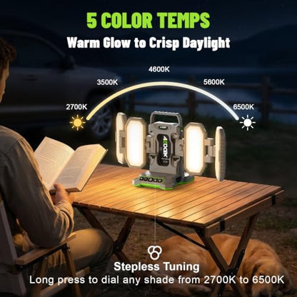 10,000LM Portable LED Work Light Compatible with Ego 56V Battery, 6 Brightness + Boost Mode, 5 Color Temps, Foldable 4-Panel with Detachable Mini Light, Tripod Mount & Hook (Tool Only) - color: Neon Green