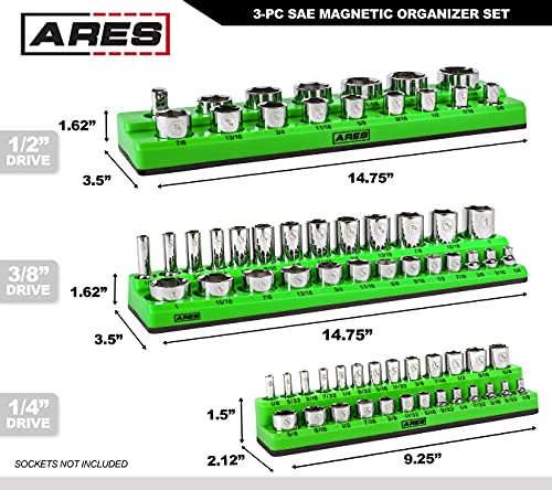 ARES 60037-3-Piece SAE Magnetic Socket Organizers Set - GREEN - Includes 1/4 in, 3/8 in, 1/2 in Socket Holders - Holds 68 Standard (Shallow) and Deep Sockets - Also Available in RED - color: Green (Sae), size: 1/4, 3/8, 1/2-Inch Drive - 3-Piece Set