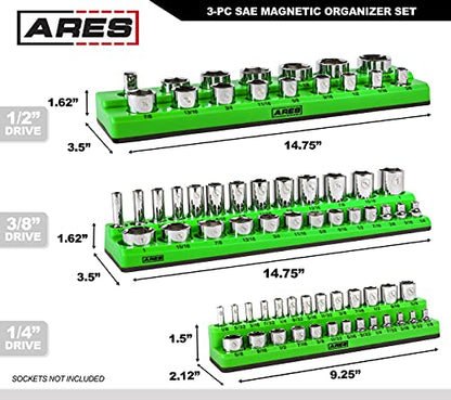 ARES 60037-3-Piece SAE Magnetic Socket Organizers Set - GREEN - Includes 1/4 in, 3/8 in, 1/2 in Socket Holders - Holds 68 Standard (Shallow) and Deep Sockets - Also Available in RED - color: Green (Sae), size: 1/4, 3/8, 1/2-Inch Drive - 3-Piece Set