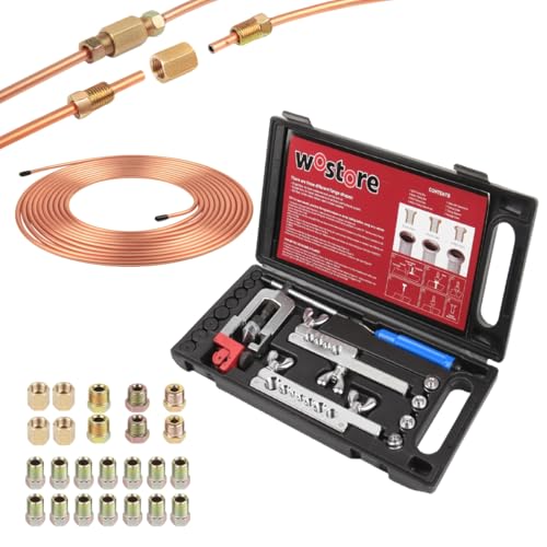 Wostore 25FT Brake Line Kit & Flaring Tool, 24 Brass Fittings, 3/16-5/8" | Double & Single & Bubble flares flaring tool. 25FT 3/16" copper line. Cutter and reamer included. 7 sizes up to 5/8" - size: Flaring tool with 3/16" brake line