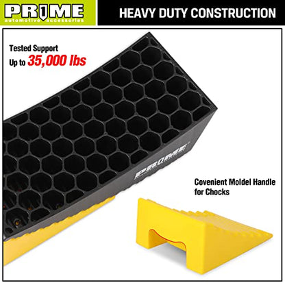 PR1ME RV Leveling Blocks, Heavy Duty Camper Leveler Kit, 2 Pack Curved RV Levelers with Anti-Slip Mats & Wheel Chocks, Faster Leveling System for Travel Trailer, Motorhome & Dual Axles - size: Height to 4 inch