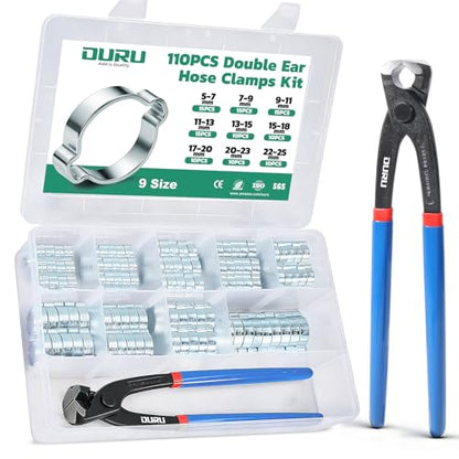 OURU 110PCS Double Ear Hose Clamps Kit with Standard Jaw Pincer, 9 Sizes 5-25mm Galvanized Steel Crimp Rings for Hoses, Tubes, and Pipelines - size: 110PCS with Tool（5-25mm）