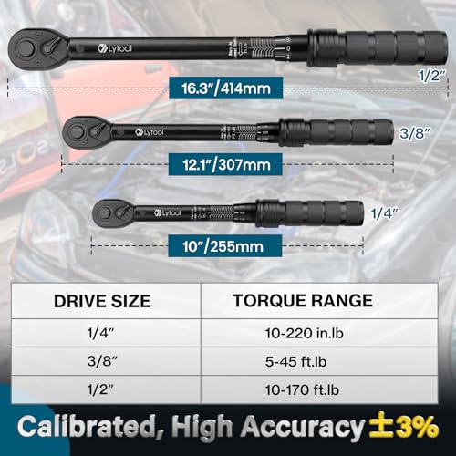 Lytool 3PCS Torque Wrench Set, 1/4 3/8 1/2 Drive Click Torque Wrenches, 10-220 in-lb, 5-45 ft-lb, 10-170 ft-lb, ±3% Accuracy, 72-Tooth Quick Release Ratchet with Calibration Certificate