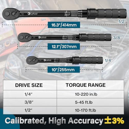 Lytool 3PCS Torque Wrench Set, 1/4 3/8 1/2 Drive Click Torque Wrenches, 10-220 in-lb, 5-45 ft-lb, 10-170 ft-lb, ±3% Accuracy, 72-Tooth Quick Release Ratchet with Calibration Certificate
