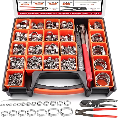 560PCS 22-Sizes Stepless Single Ear Hose Clamp Kit with Pliers, 5.3-36.1mm (~1/4"-1-3/8") 304 Stainless Steel Leak-Proof Clamps, for Automotive Fuel Line, CV Boot, PEX Pipe, HVAC & Marine - size: 560PCS