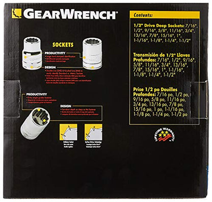 GEARWRENCH 14 Pc. 1/2" Drive 12 Pt. Deep Socket Set, SAE - 80732