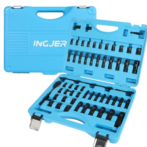Socket Set 1/4, 56 Piece Impact Socket Set Metric and Standard Full, 6 Point, Cr-V, 1/4-Inch Drive Ratchet Handle, Drive Extension Bar, Impact Universal Joint,impact adapter - size: 1/4inch 56 PCS