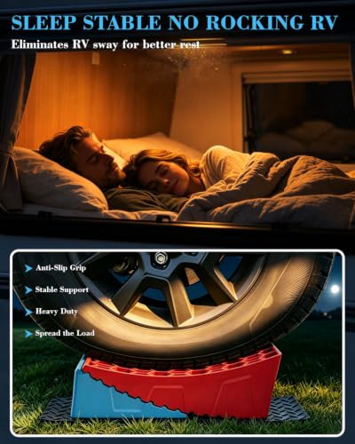 RV Leveling Blocks Kit, Heavy Duty Anti-Slip Mats & Carrying Bag, 2 Pack | Blue & Red. For travel trailer, motorhome, dual axle. HDPE, support 45000 lbs. Levels ½" - 4" in 5 min. - color: Blue & Red