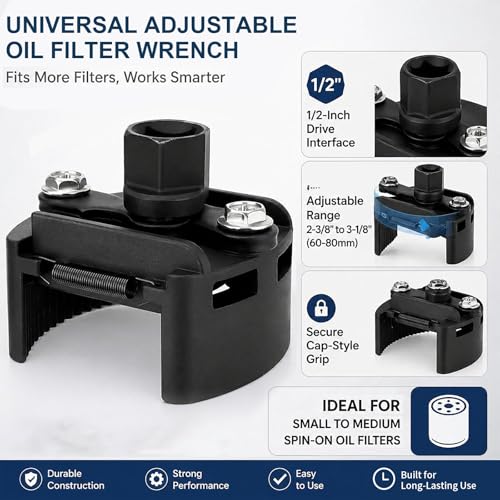 Universal Adjustable Oil Filter Wrench– 2-3/8 to 3-1/8 Inch (60-80mm) - 1/2'' Drive Cap Style Oil Filter Removal Tool, Fits Small to Medium Spin-on Filters, UTVs, JetSkis