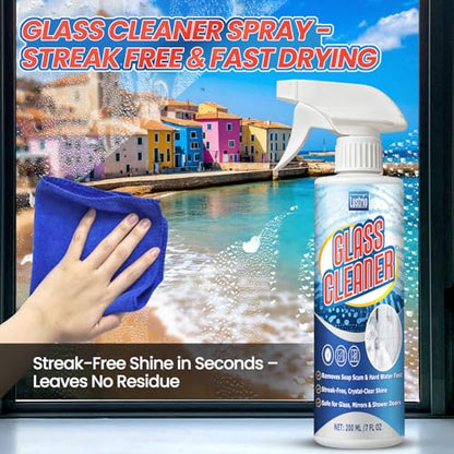 Instant Shine Bathroom Glass Cleaner with Microfiber Towel – Removes Hard Water Limescale & Soap Scum on Shower Doors, Tiles & Mirrors – Streak-Free Fast Drying (200ml)