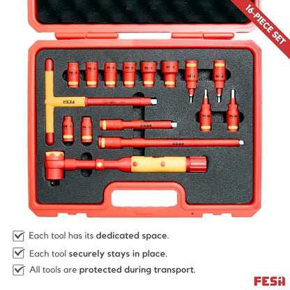 FESA 16-Piece Insulated Torque Wrench Set (3/8" Drive, 10-50 Nm Range) | with 8 Metric Sockets, 4 Hex Bit Sockets, 2 Extension Bars, T-Handle & Protective Case - style: 3/8" Drive, 10-50 Nm Wrench & Socket Set