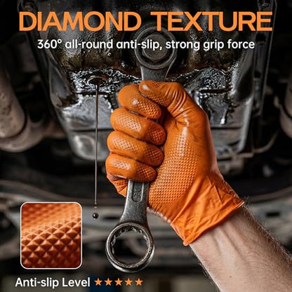 HEAVY DUTY 8 Mil Orange Nitrile Gloves, Diamond Textured Disposable Industrial Mechanic Rubber Gloves 1000PCs - size: Large