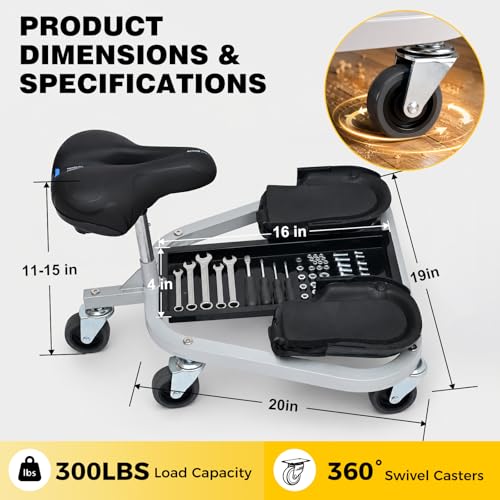 Rolling Knee Creeper with Rolling Knee Pads With Seat, 300 Pound Capacity | Heavy Duty Steel Tube Mechanic Creeper with 11 to 15 Inch Adjustable Seat Height, Tool Tray, and Rolling Knee Pads