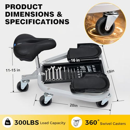 Rolling Knee Creeper with Rolling Knee Pads With Seat, 300 Pound Capacity | Heavy Duty Steel Tube Mechanic Creeper with 11 to 15 Inch Adjustable Seat Height, Tool Tray, and Rolling Knee Pads