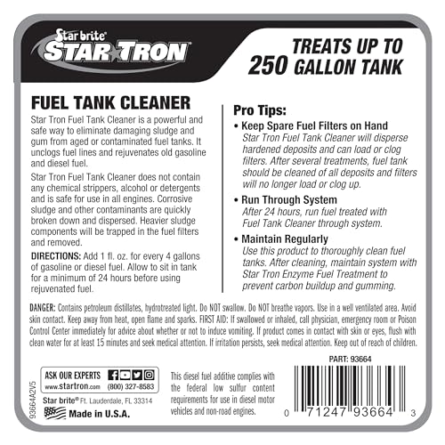 Star Tron Fuel Tank Cleaner – Removes Sludge, Varnish & Other Deposits – Helps Restore Performance of Old, Stale Fuel – Concentrated Formula for Gasoline and Diesel Tanks - style: 64 Ounce