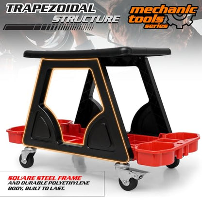 M-AUTO Mechanic Stool Detailing Seat Mobile Rolling Utility Creeper Seat w/Lockable Swivel Wheels, 300LBS Capacity Roller Creeper Seat w/Storage Tool Tray and Drawers, 23" Red