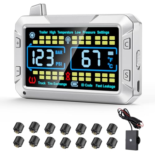 truck tire pressure monitoring system (0-188 PSI) features a signal booster, a 4.3-inch color screen, six alarm modes, and can monitor up to 43 tires for trailer rv semi truck camper (14 Sensors) - size: 14 Sensors
