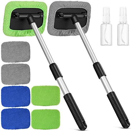 Tallew 2 Sets Windshield Cleaner Tool Car Window Cleaning Wash Kit with Detachable Handle 6 Microfiber Pads and 2 Spray Bottles Inside Windshield Cleaner Tool for Auto Glass Cleaning