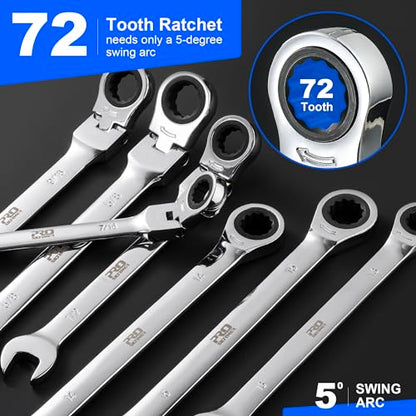 Prostormer 20-Piece Ratcheting Combination Wrench Set | 10Pcs SAE Flex-Head 1/4" to 3/4" & 10Pcs Metric Fixed Head 6-18mm, 72-Tooth, Cr-V Steel, Organizer Pouch - style: 20-Piece Metric & SAE