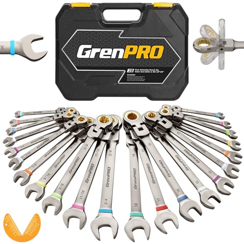 GRENPRO 23PCS Flex-Head Ratcheting Wrench Set, Combination Ratchet Wrenches Set Metric and Standard & SAE with Organizer Box, 6-18mm & 1/4" to 3/4" with Color Ring, Nickel Plating Socket Mechanic Tool - style: 23PCS Nickel Flex-Head Ratcheting Wrench Set