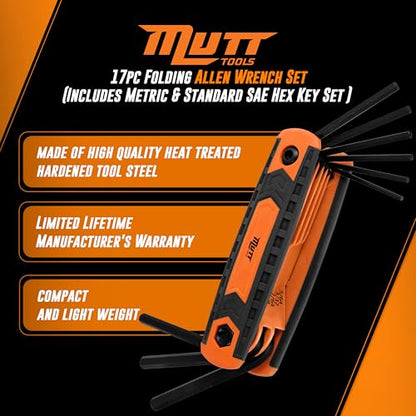 Mutt Tools 17pc Folding Allen Key Set - SAE & Metric Hex Wrench Set with Color-Coding - Compact Allen Wrench Tool for Bikes, DIY, Archery - Keys with Size Markings - style: 17pc Folding Hex Key Set