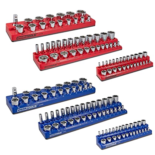OEMTOOLS 22489 6 Pack Set Metric and SAE Magnetic Socket Organizers, Tool Box Socket Organizer for 1/4, 3/8, and 1/2 Inch Drive Sockets, Red and Blue - style: Red and Blue