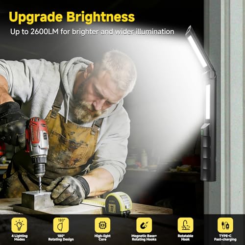 2 PCS Work Light Magnetic,2600ML LED Mechanic Lights, Rechargeable Light, Underhood Light with Hooks for Car Repairing/Garage/Workshop/Emergency/Inspection Black