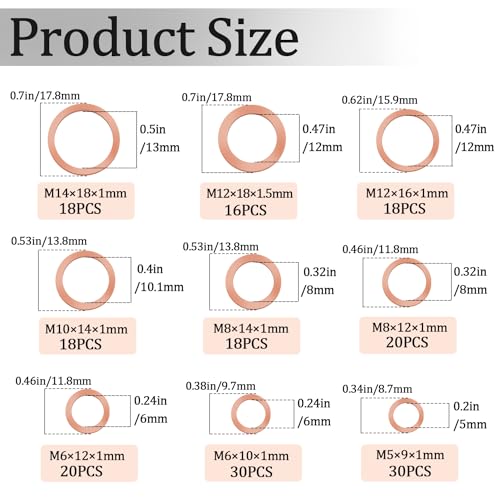 9 Sizes Metric Copper Crush Washers Assortment Kit Crush Washer Oil Drain Plug Crush Washer Assortment M5 M6 M8 M10 M12 M14 - size: 188PCS (M5-M14)