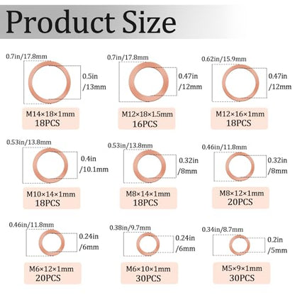 9 Sizes Metric Copper Crush Washers Assortment Kit Crush Washer Oil Drain Plug Crush Washer Assortment M5 M6 M8 M10 M12 M14 - size: 188PCS (M5-M14)