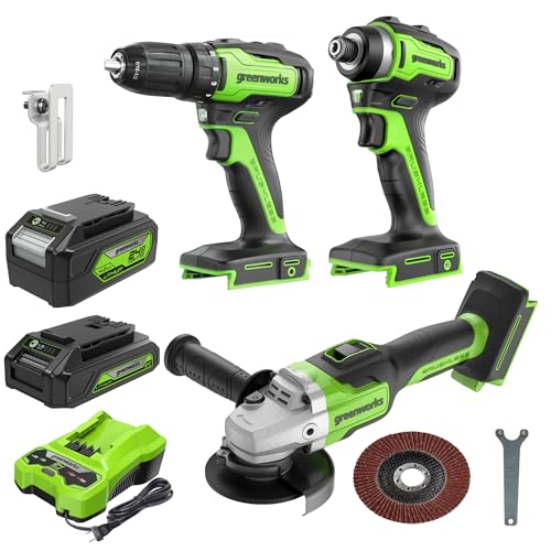 Greenworks 24V Brushless 3 pcs Cordless Power Tool Combo Kit, include Drill Driver, Angle Grinder, Impact Driver, 1 x 4Ah Batteries, 1 x 2Ah Batteries and 1× 2A Charger - size: 3PCS Combo Kits(Drill+Driver+Angle Grinder)