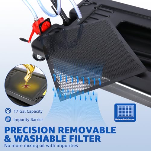 HKTE Oil Drain Pan with Pump, 17Gallon(64L), Low-Profile, T-Handle and Heavy-Duty Casters, Quick Drainage, Splash Guard Cover Design - color: 17 gallon with manual pump
