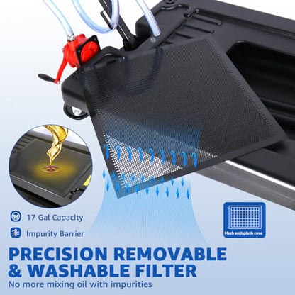 HKTE Oil Drain Pan with Pump, 17Gallon(64L), Low-Profile, T-Handle and Heavy-Duty Casters, Quick Drainage, Splash Guard Cover Design - color: 17 gallon with manual pump