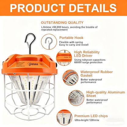 LED Temporary Work Light 100W, 15000Lm, 5000K Daylight White, Portable, Connectable LED Worksite Light with Hook, IP65 Dustproof and Waterproof, Suitable for Wet Locations and Construction Sites