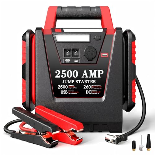 2500A Peak Car Jump Starter with 150PSI Air Compressor, 12V Battery Jump Box for Car, Truck, SUV (Up to 8.0L Gas/Diesel Engines), 20000mAh Portable Power Pack with DC/USB, 500LM Work Light