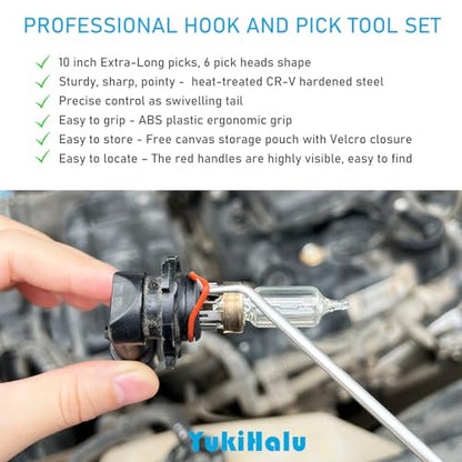 YukiHalu Precision Hook and Pick Set for Automotive, Swivelling Tail, 10 inch Pick Tool Set for O-Rings and Oil Seals, Seal Puller Set for Cars and Electronic Tools