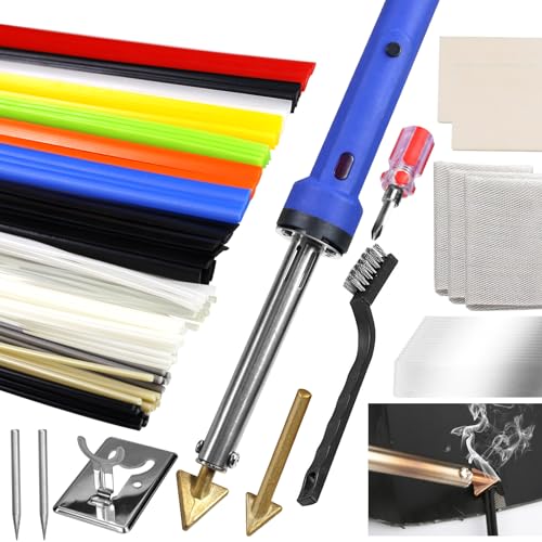 100W Plastic Welding Kit 2 in 1 with 121pcs Rods | Professional Surface Repair Tool for Car Bumper with 4 Welding Tips, Patch Net,Hot Iron Stand,Wire Brush,Metal Stand