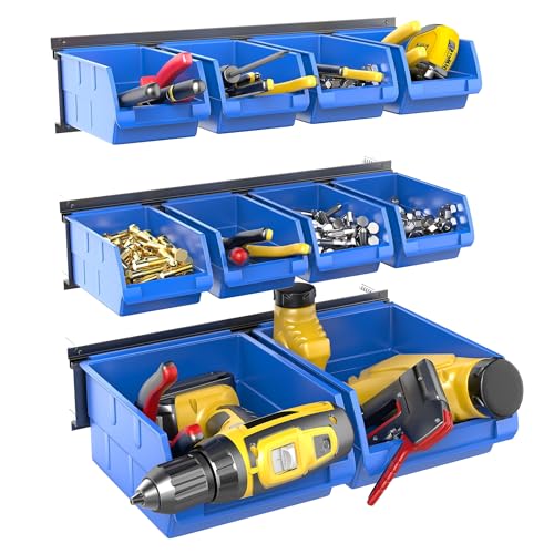 WALMANN Wall Mounted Storage Bins for Small Parts, 10 Bins with 3 Metal Rails, Plastic Wall Bins for Screws, Bolts, Nuts, Craft Room, Workshop, and Garage Storage Bins(Blue) - color: Blue